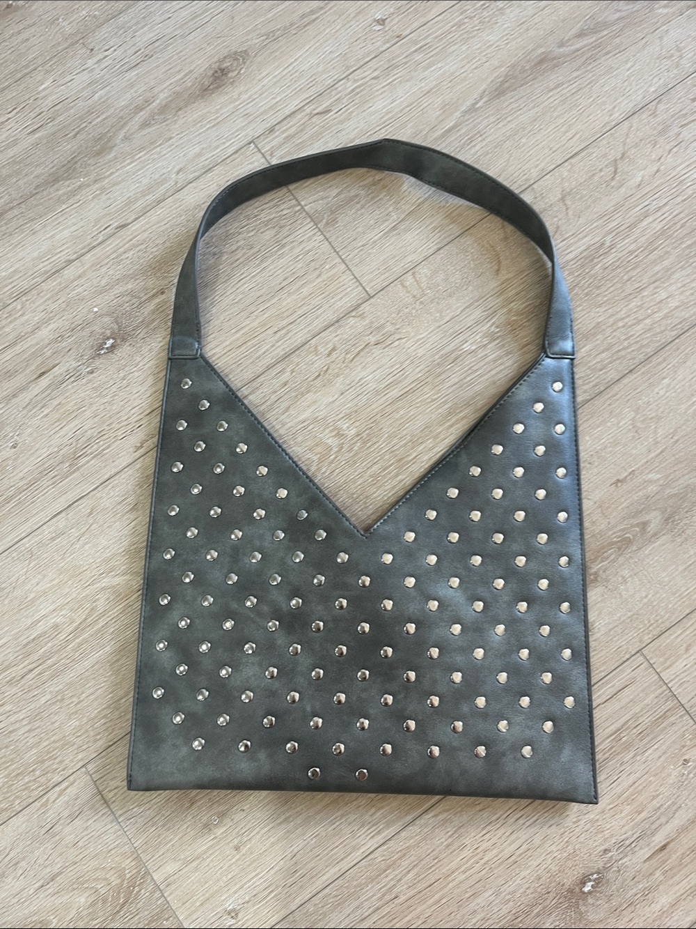 Grey faux leather studded faux leather shoulder bag